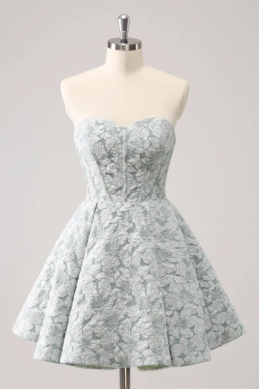Grey Green A-Line Strapless Floral Short Homecoming Dress sold by Zapaka