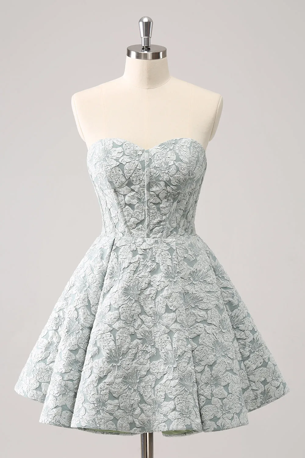 Grey Green Sweetheart A-Line Brocade Corset Floral Mini Homecoming Dress sold by Zapaka