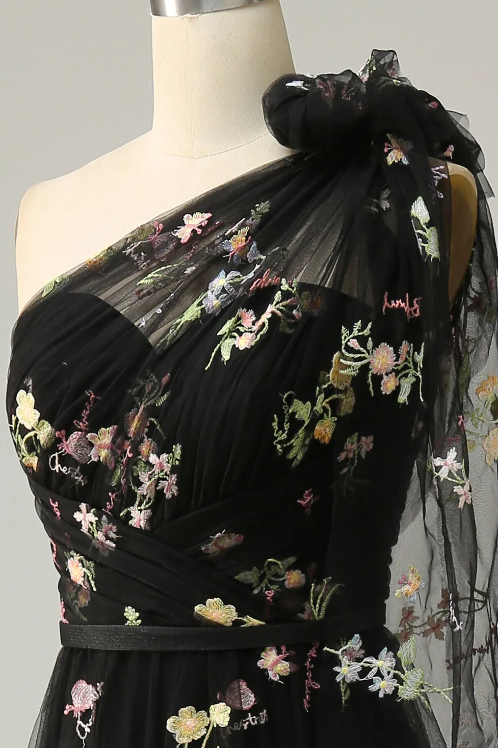 A-Line One Shoulder Black Long Prom Dress With Embroidery sold by Zapaka product image thumbnail 5