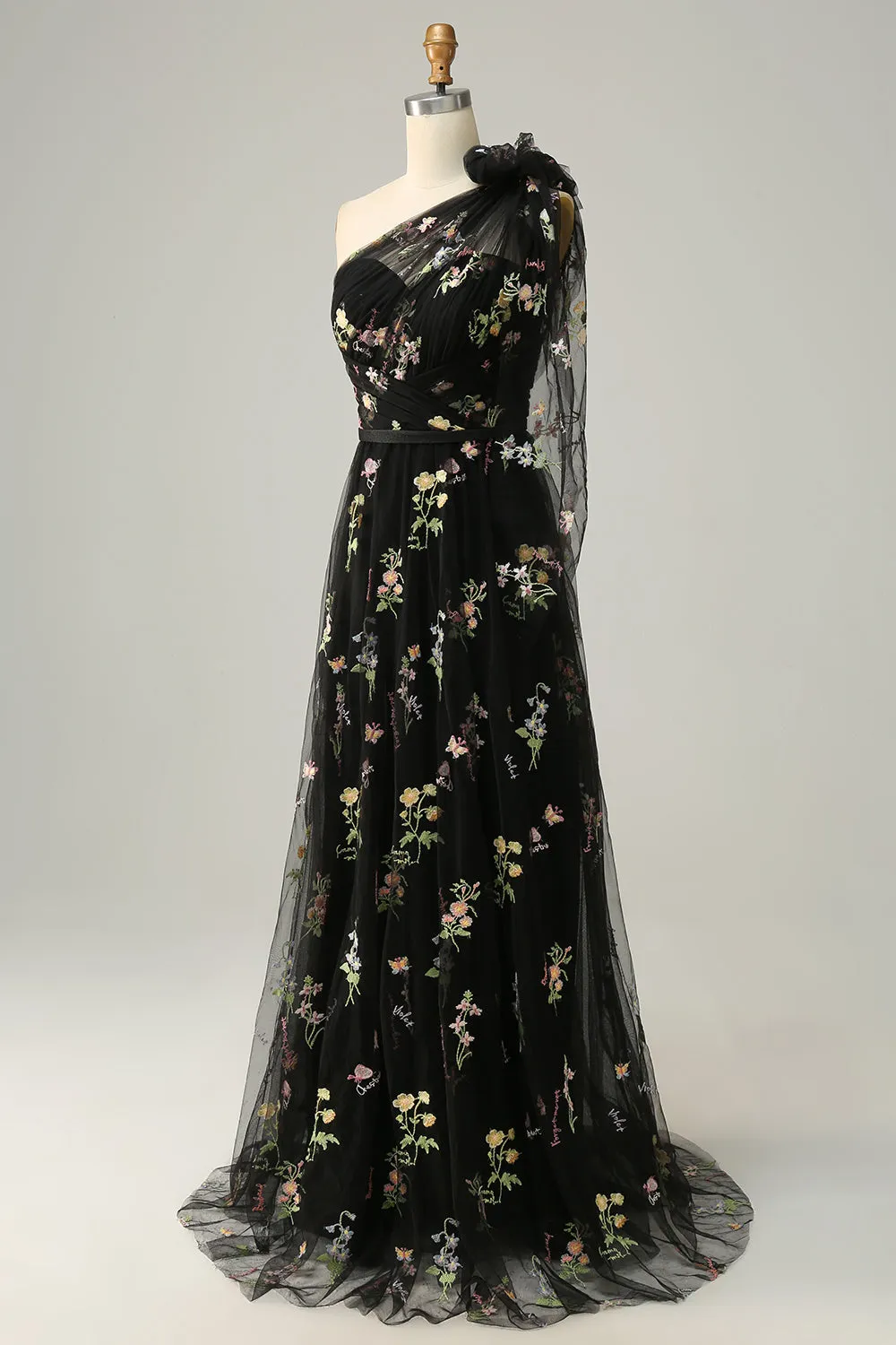 A-Line One Shoulder Black Long Prom Dress With Embroidery sold by Zapaka product image thumbnail 3