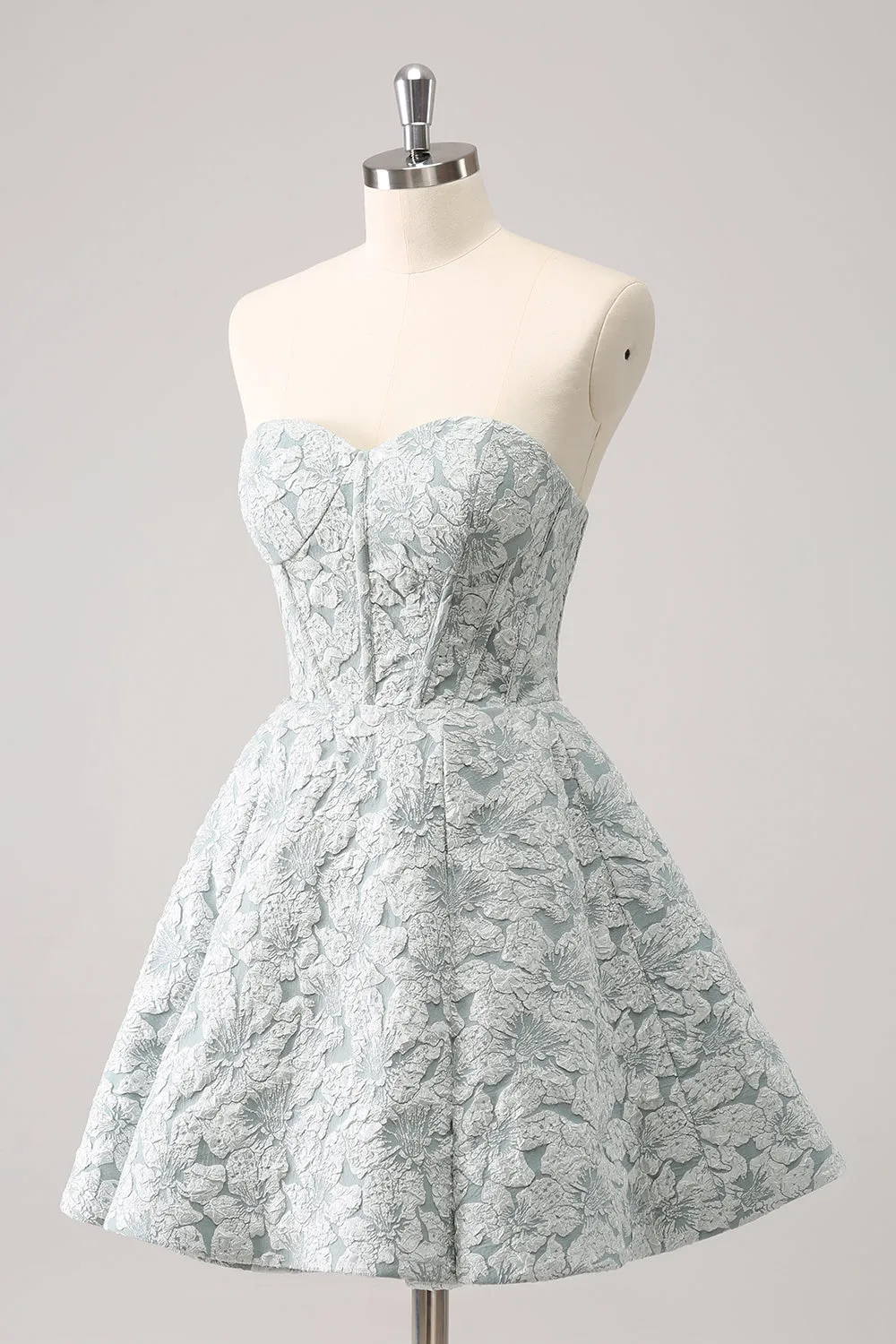 Grey Green Sweetheart A-Line Brocade Corset Floral Mini Homecoming Dress sold by Zapaka product image thumbnail 3