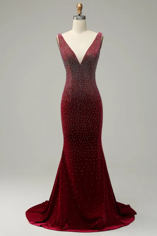 Mermaid Deep V Neck Burgundy Long Prom Dress with Beading sold by Zapaka