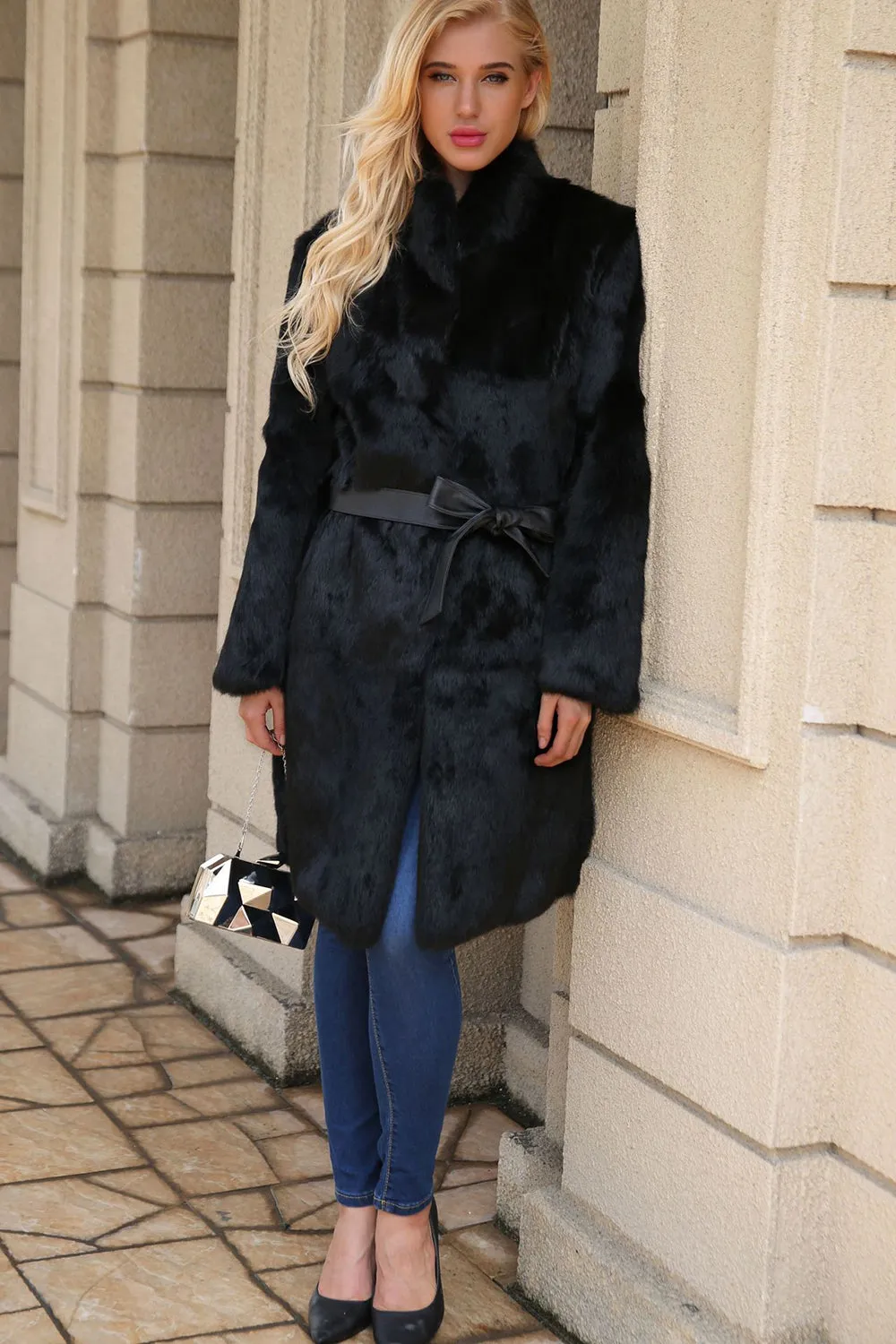 Black Long Faux Fur Shearling Coat with Belt sold by Zapaka