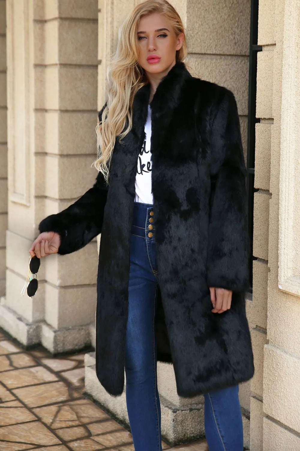 Black Long Faux Fur Shearling Coat with Belt sold by Zapaka product image thumbnail 5