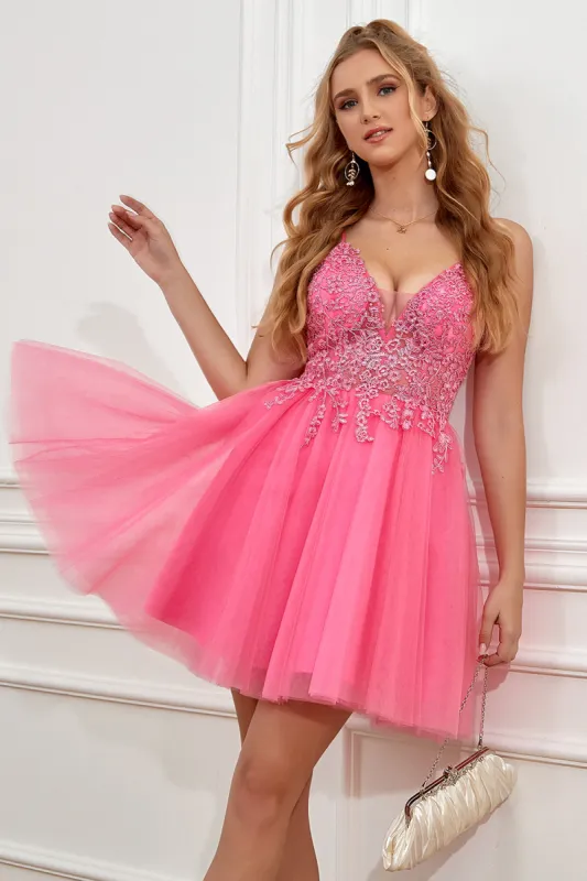 Fuchsia Spaghetti Straps A-Line Backless Short Homecoming Dress sold by Zapaka