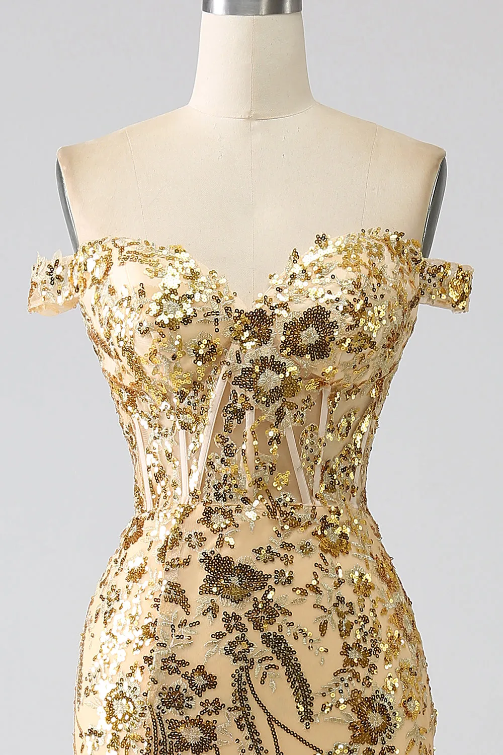 Sparkly Mermaid Off The Shoulder Golden Corset Prom Dress with Slit sold by Zapaka product image thumbnail 4