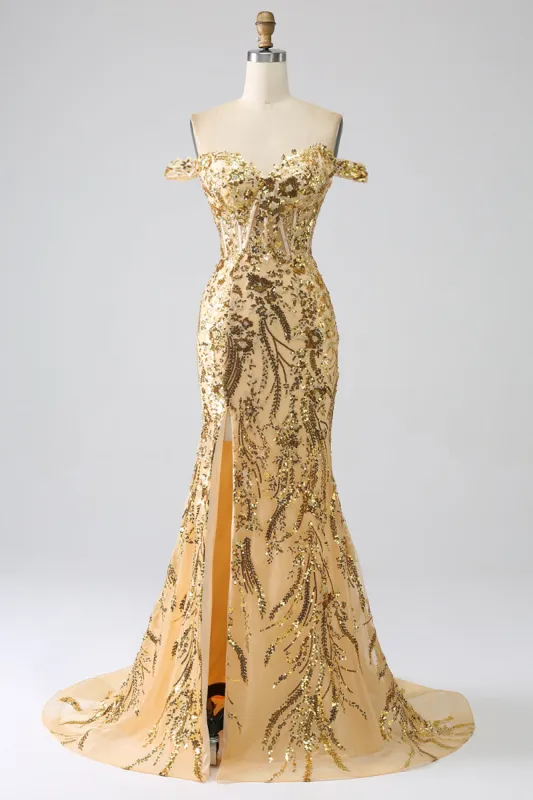 Sparkly Mermaid Off The Shoulder Golden Corset Prom Dress with Slit sold by Zapaka