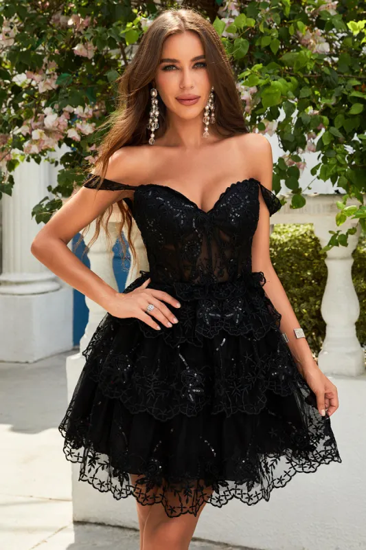 Cute A Line Black Corset Tiered Short Homecoming Dress with Lace sold by Zapaka