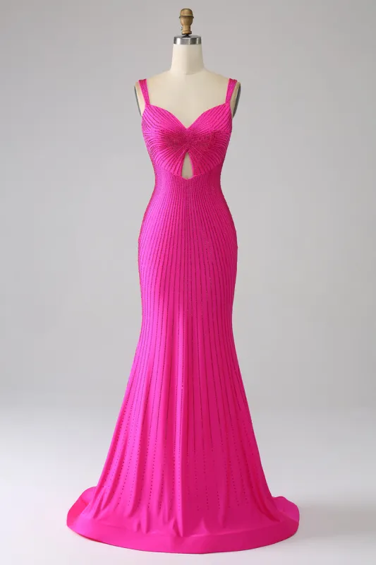 Sparkly Mermaid Hot Pink Prom Dress with Hollow-out sold by Zapaka