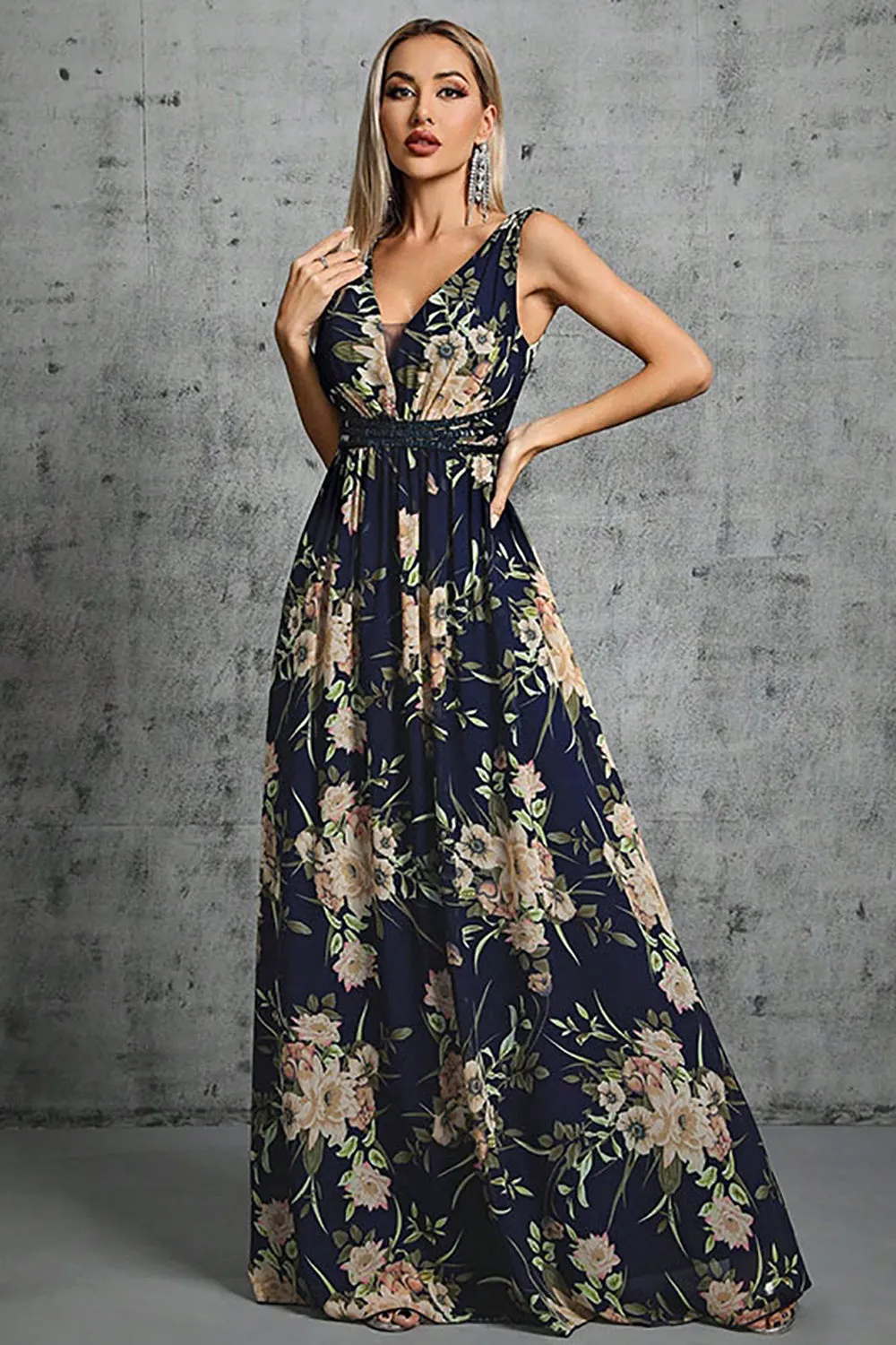 Printed Black V Neck Long Formal Dress sold by Zapaka product image thumbnail 5