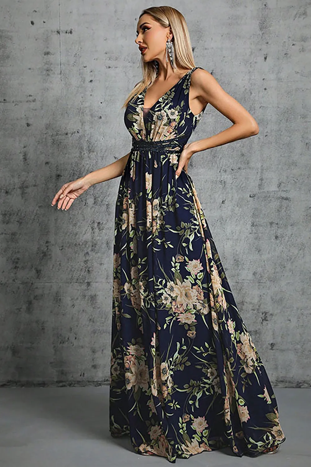 Printed Black V Neck Long Formal Dress sold by Zapaka product image thumbnail 3