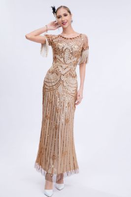 Champagne Sparkly Fringes Long 1920s Dress with Short Sleeves sold by Zapaka
