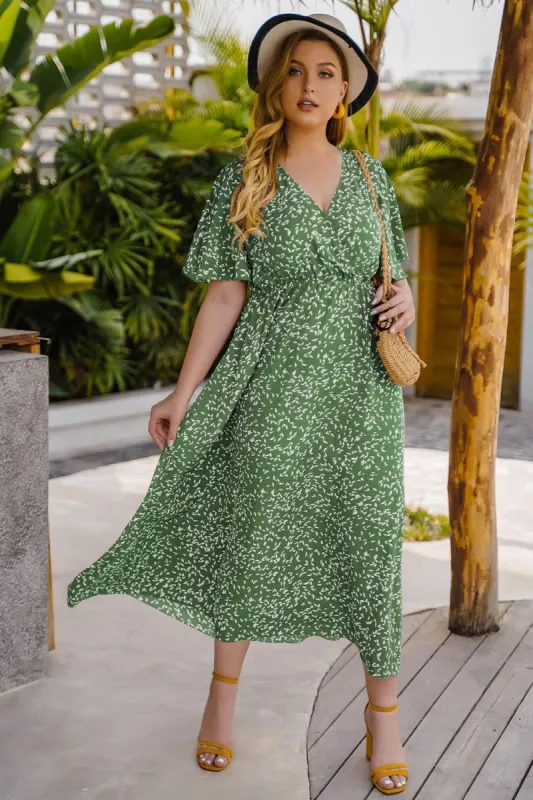 Green V Neck Printed Plus Size Summer Dress With Short Sleeves sold by Zapaka