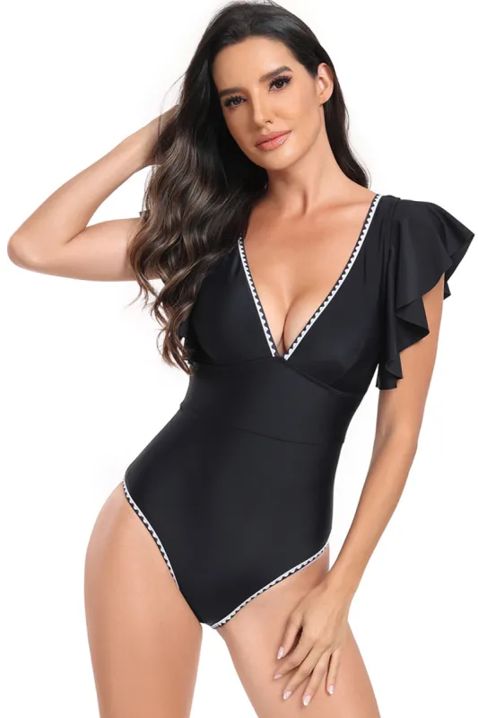 Black Deep V-Neck One-Piece Tummy Control Swimsuit with Ruffle Sleeve sold by Zapaka