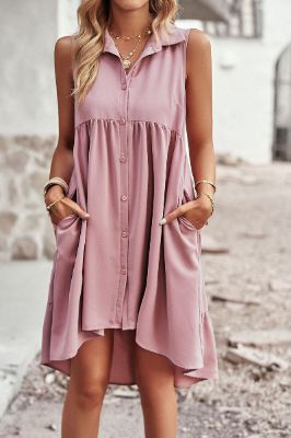 Pink High Low Button Down Sleeveless Casual Dress sold by Zapaka