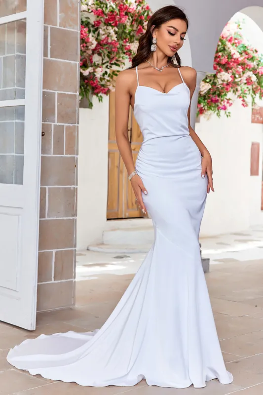 Mermaid Lace-Up Back White Sweep Train Wedding Dress sold by Zapaka