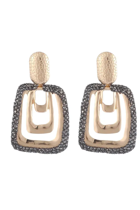 Square Golden Rhinestones Dangle Earrings sold by Zapaka