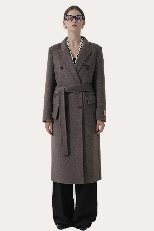 Dark Grey Double Breasted Peak Lapel Long Slim Fit Wool Coat sold by Zapaka