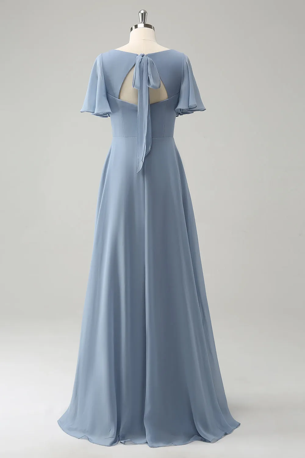Grey Blue V-Neck Puff Chiffon Long Bridesmaid Dress with Hollow Out Back sold by Zapaka product image thumbnail 2
