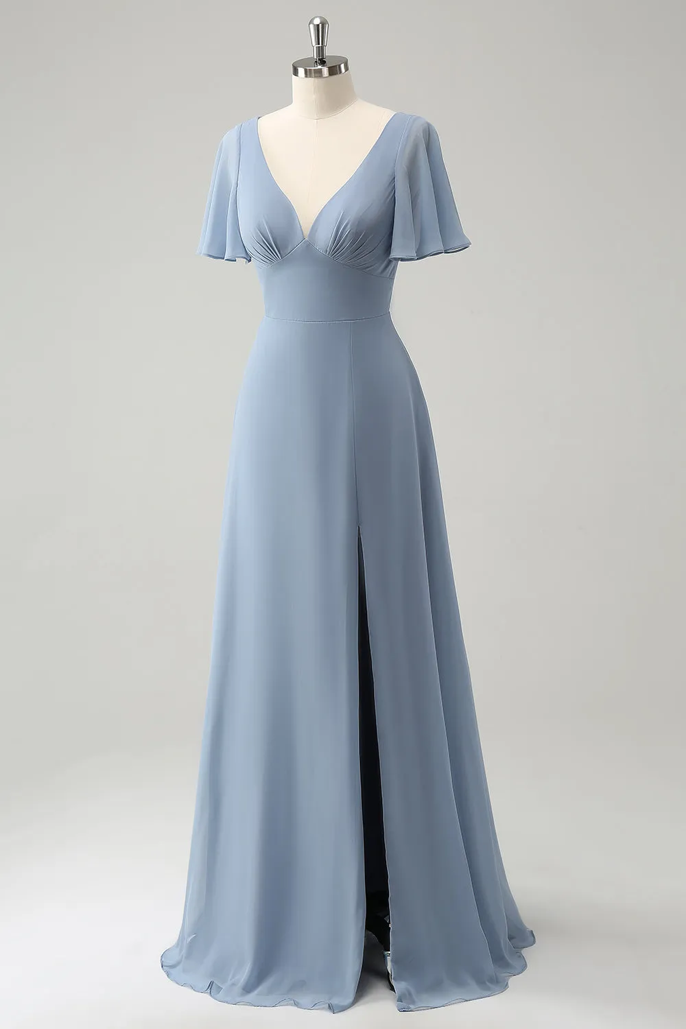 Grey Blue V-Neck Puff Chiffon Long Bridesmaid Dress with Hollow Out Back sold by Zapaka product image thumbnail 3