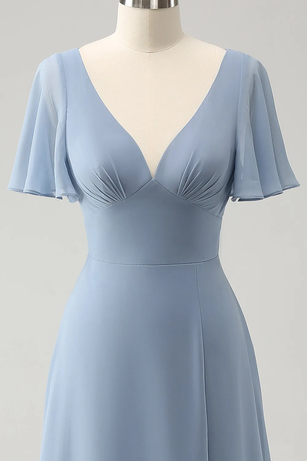 Grey Blue V-Neck Puff Chiffon Long Bridesmaid Dress with Hollow Out Back sold by Zapaka product image thumbnail 4