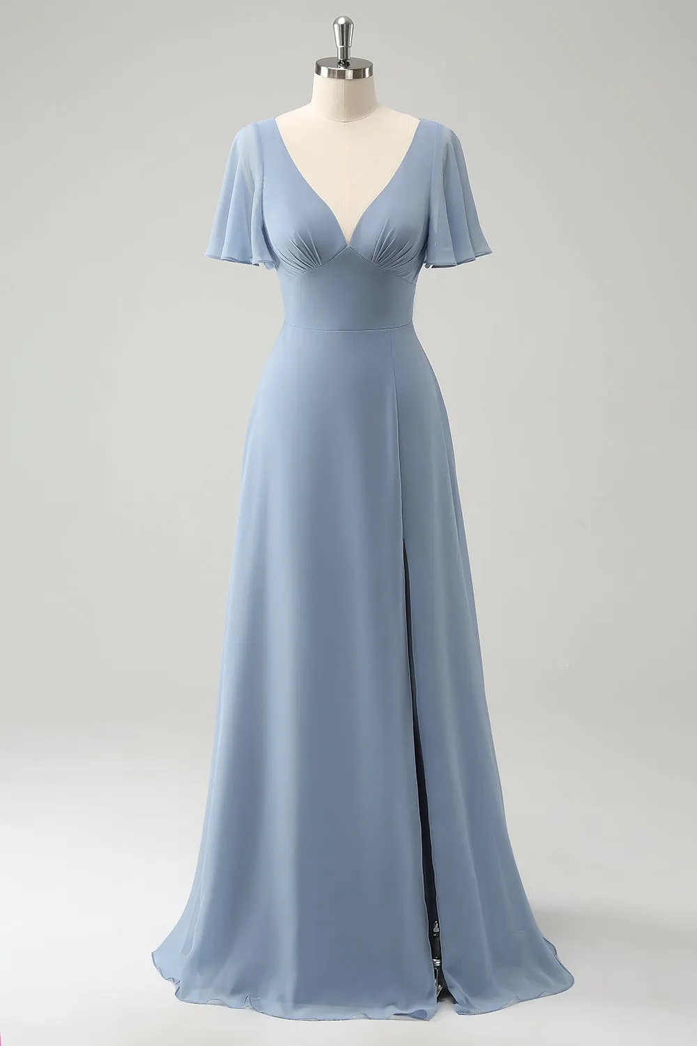 Grey Blue V-Neck Puff Chiffon Long Bridesmaid Dress with Hollow Out Back sold by Zapaka