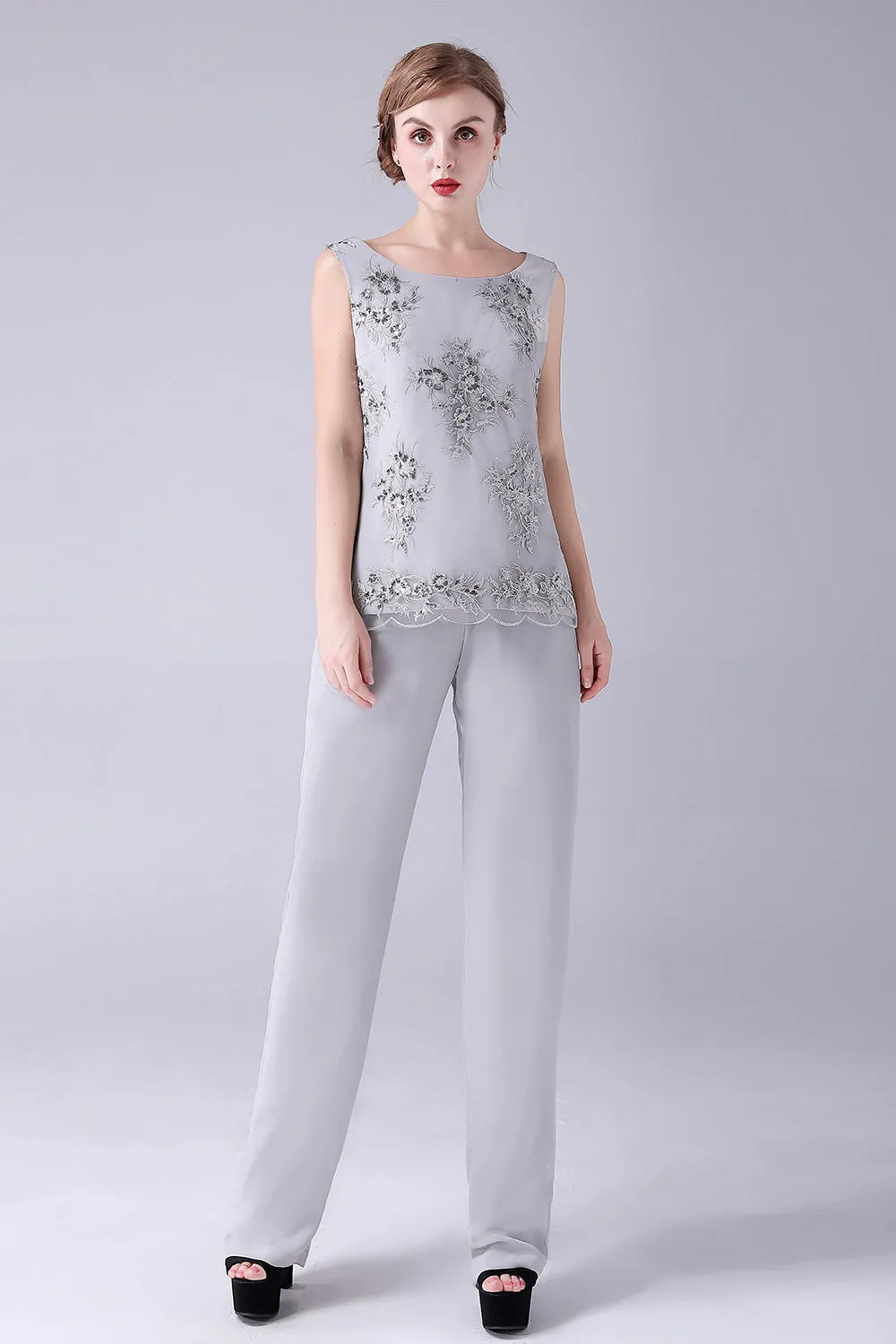 Silver Chiffon 3 Pieces Mother of the Bride Pant Suits sold by Zapaka product image thumbnail 4