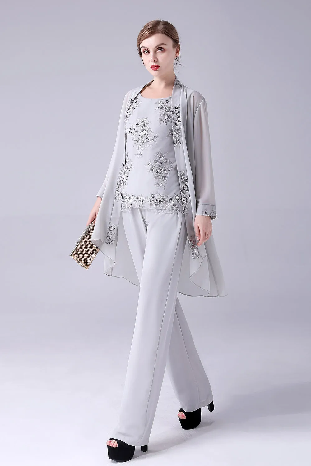Silver Chiffon 3 Pieces Mother of the Bride Pant Suits sold by Zapaka product image thumbnail 3