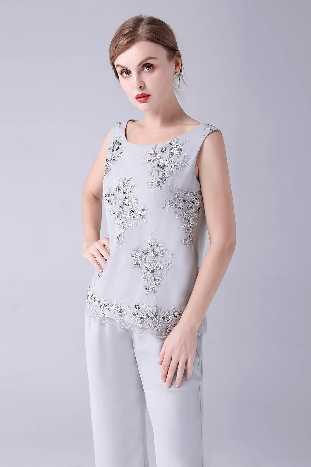 Silver Chiffon 3 Pieces Mother of the Bride Pant Suits sold by Zapaka product image thumbnail 5