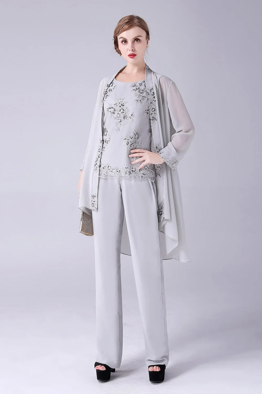 Silver Chiffon 3 Pieces Mother of the Bride Pant Suits sold by Zapaka