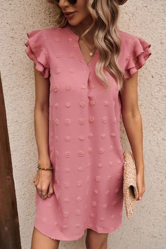 Pink Flutter Sleeves V-neck Short Summer Dress sold by Zapaka