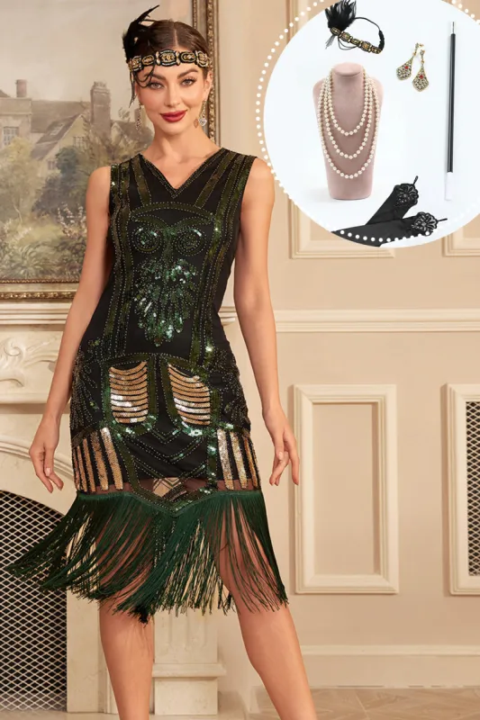 Green V-neck Sparkly Fringes 1920s Dress with Accessories Set sold by Zapaka