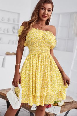 Off the Shoulder Waist-Print Resort Style Summer Dress sold by Zapaka
