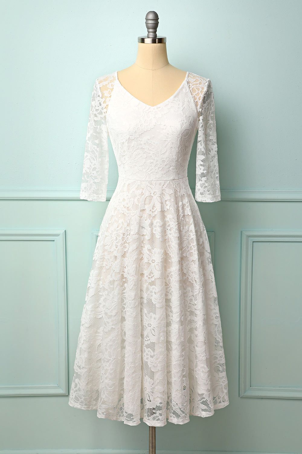 White 3/4 Sleeves Midi Lace sold by Zapaka