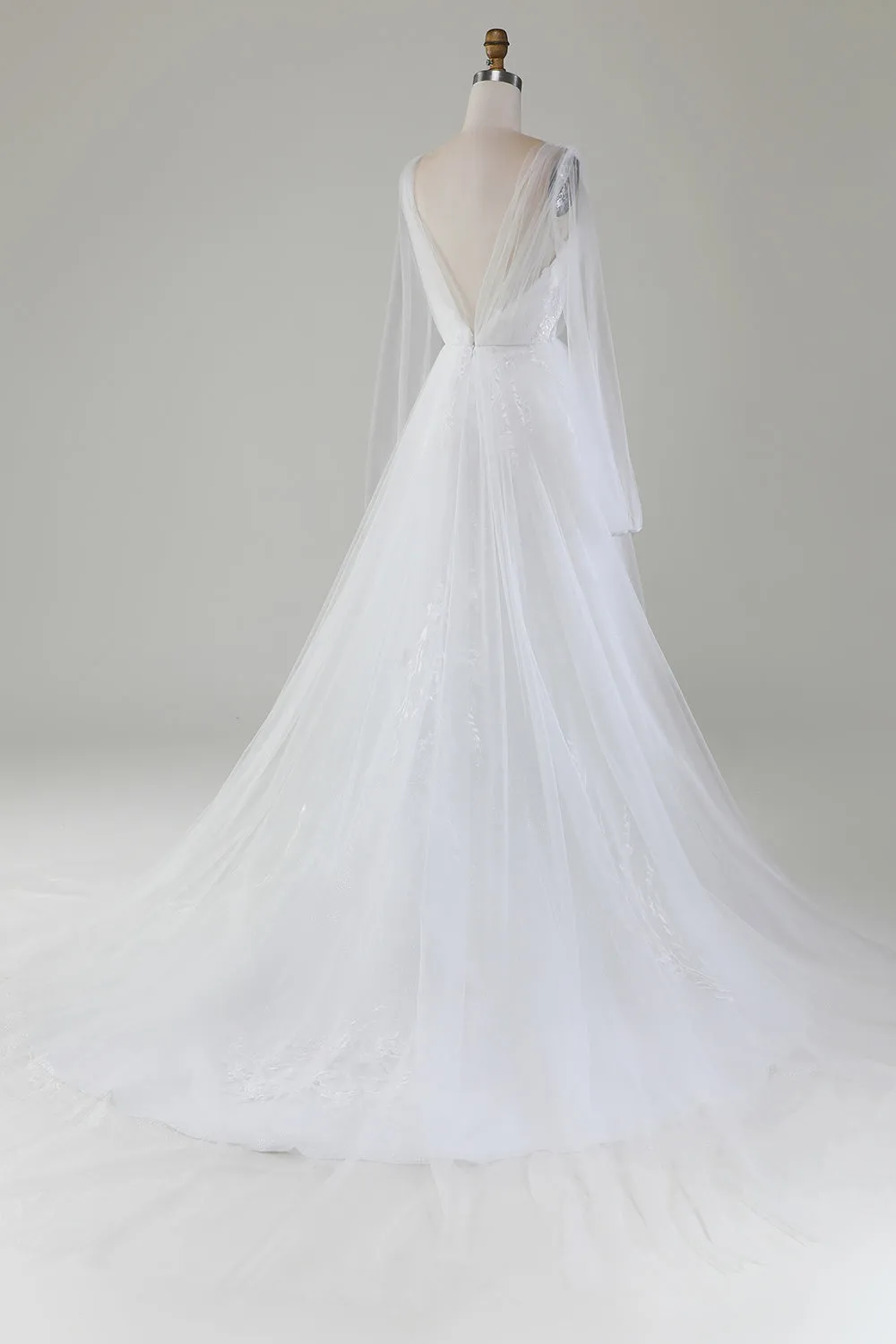 Ivory A-Line V-Neck Pleated Tulle Wedding Dress With Long Sleeves sold by Zapaka product image thumbnail 2