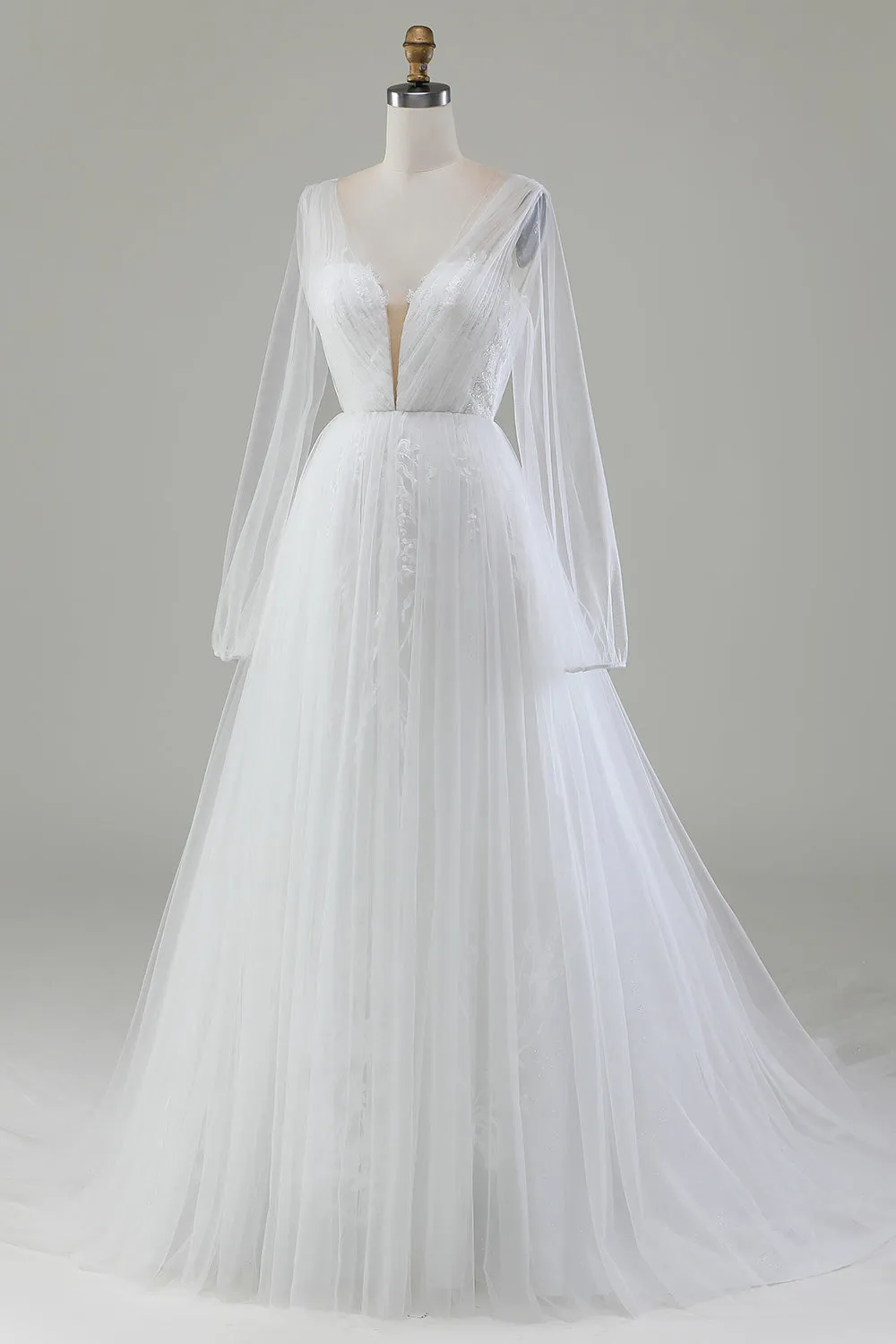 Ivory A-Line V-Neck Pleated Tulle Wedding Dress With Long Sleeves sold by Zapaka product image thumbnail 3