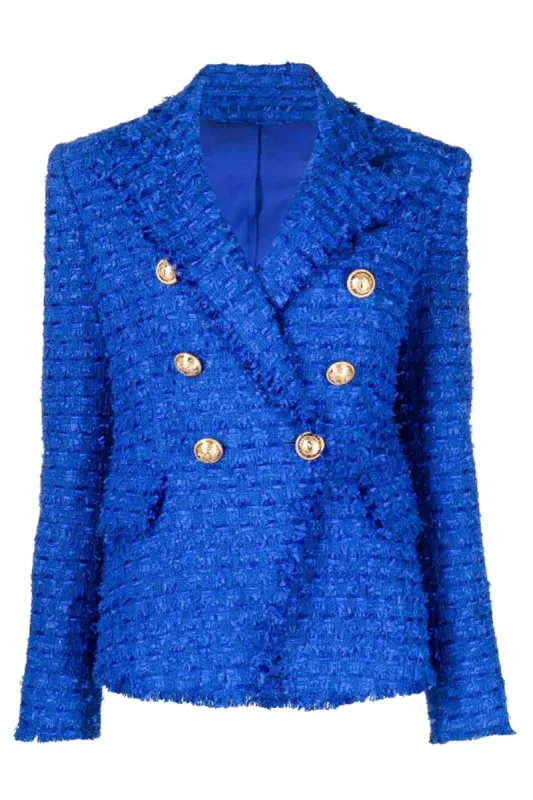 Royal Blue Notched Lapel Double Breasted Tweed Women Blazer sold by Zapaka