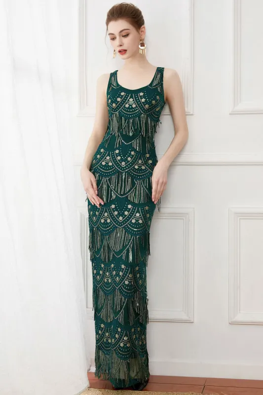 Dark Green Sheath Fringes Long 1920s Dress sold by Zapaka