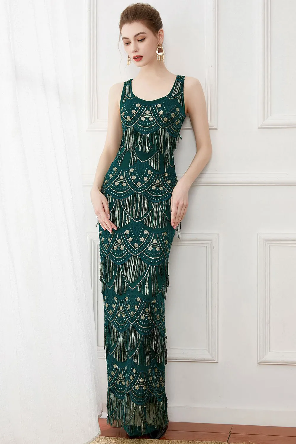 Dark Green Sheath Fringes Long 1920s Dress sold by Zapaka