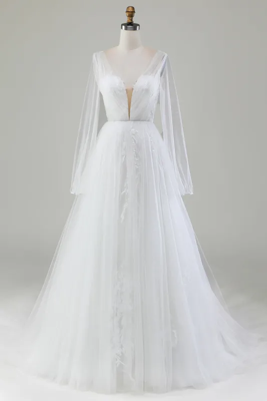 Ivory A-Line V-Neck Pleated Tulle Wedding Dress With Long Sleeves sold by Zapaka