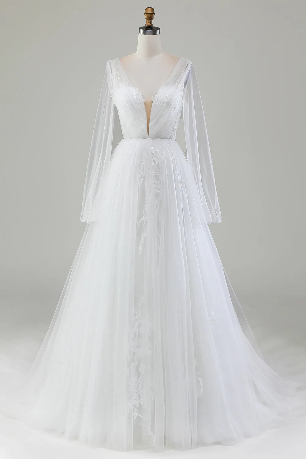 Ivory A-Line V-Neck Pleated Tulle Wedding Dress With Long Sleeves sold by Zapaka