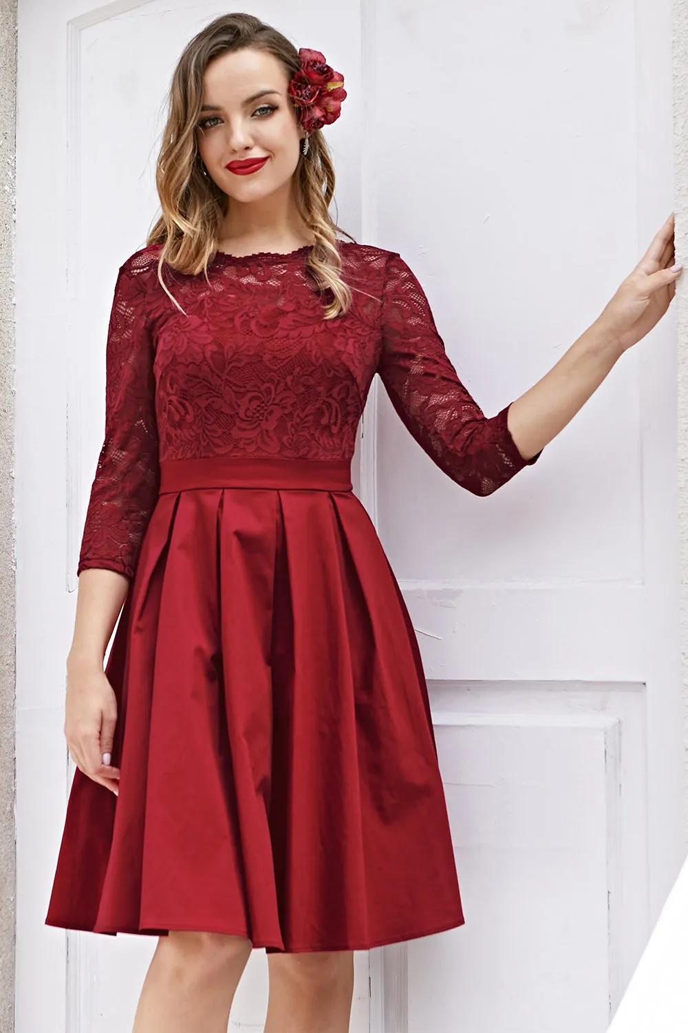Burgundy V Back Long Sleeves Dress sold by Zapaka product image thumbnail 4