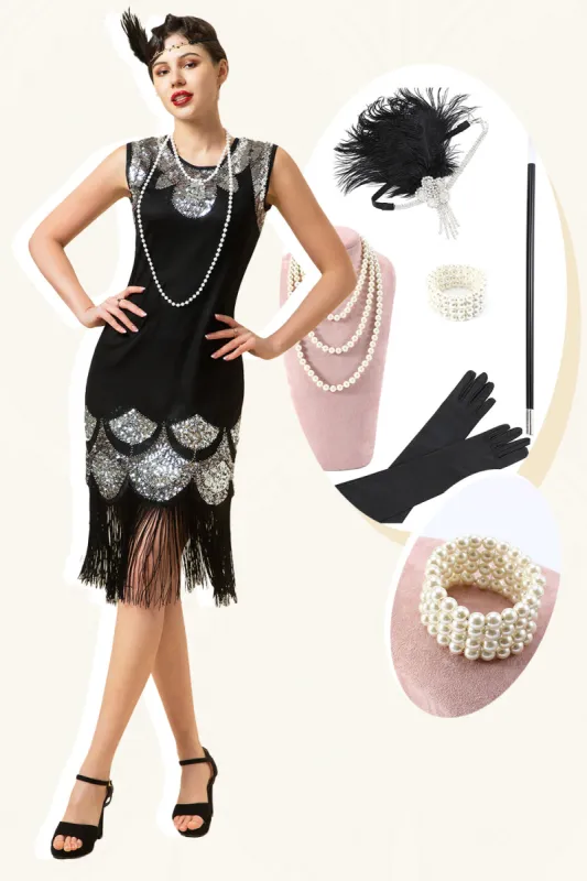 Black and Silver Sequined Fringes 1920s Gatsby Flapper Dress with 20s Accessories Set sold by Zapaka