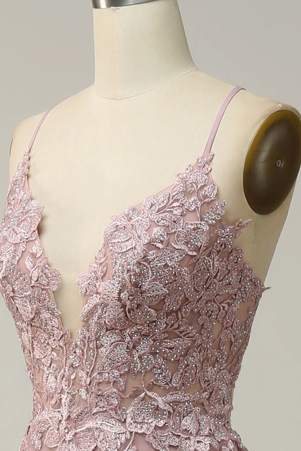 A Line Spaghetti Straps Blush Long Prom Dress with Appliques sold by Zapaka product image thumbnail 5