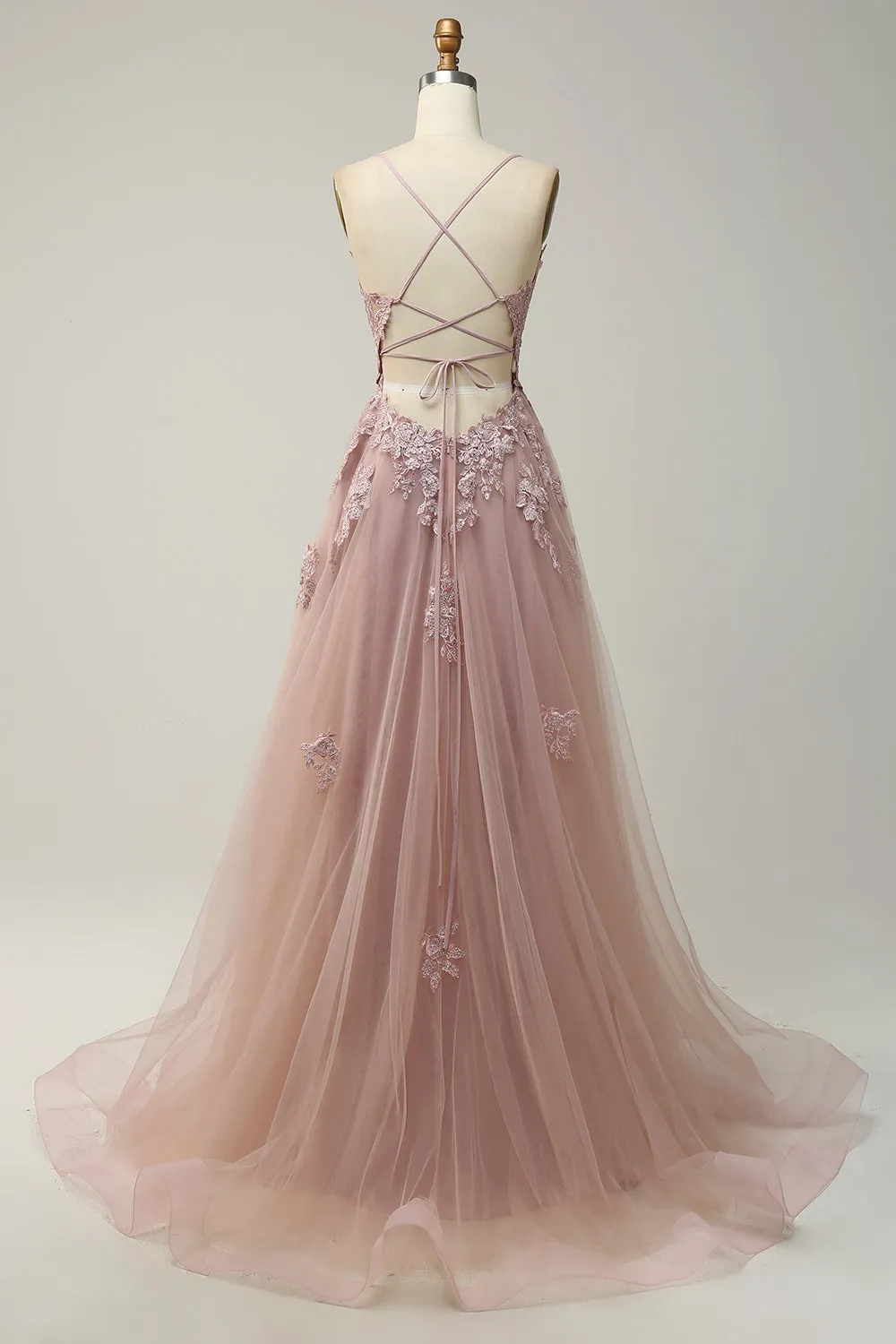 A Line Spaghetti Straps Blush Long Prom Dress with Appliques sold by Zapaka product image thumbnail 2
