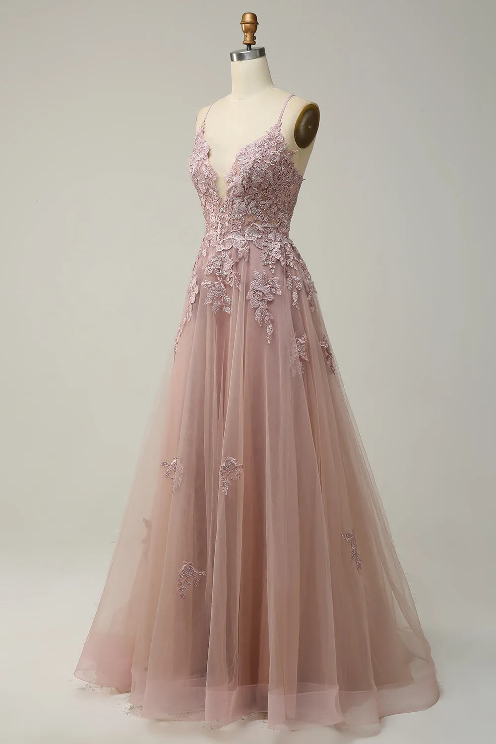 A Line Spaghetti Straps Blush Long Prom Dress with Appliques sold by Zapaka product image thumbnail 3