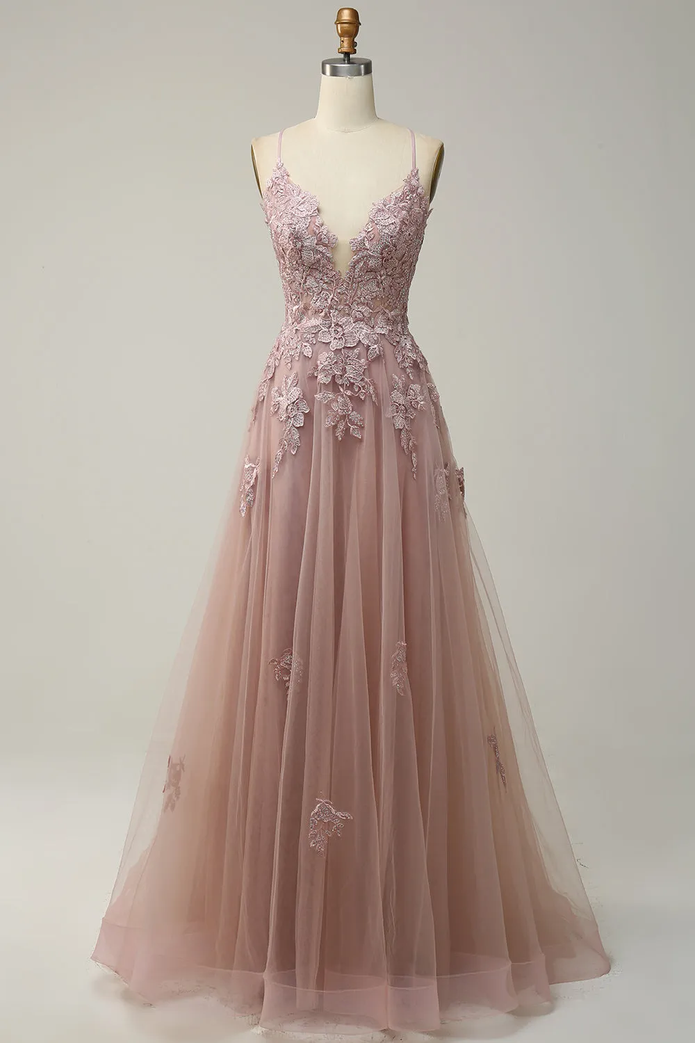 A Line Spaghetti Straps Blush Long Prom Dress with Appliques sold by Zapaka