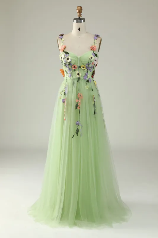 A Line Spaghetti Straps Green Prom Dress With 3D Flowers sold by Zapaka