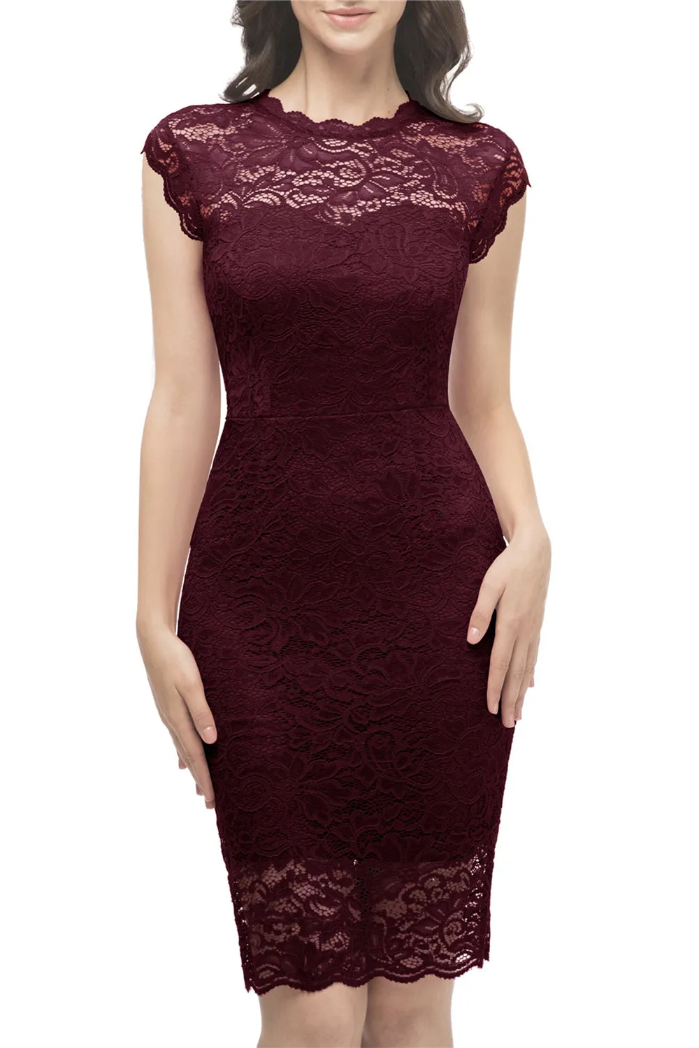 Burgundy Bodycon Lace Dress sold by Zapaka