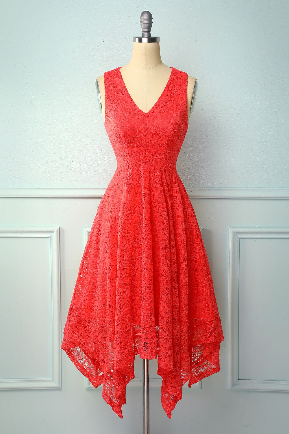 Asymmetrical Red V-neck Lace Dress sold by Zapaka
